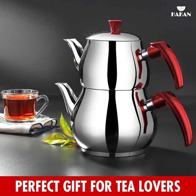 Hakan Stainless Steel 2 L, 67 Oz, Mini Double Bondy Tea Pot Set with Self Strainer Double Lids, Turkish Samovar Style Teapot Set, Tea Kettle for Loose Leaf Tea with Red Bakelite Handle 2.1-Quart
