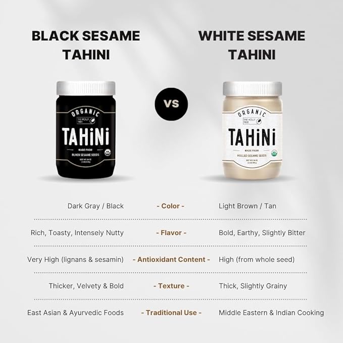 Organic Black Tahini Paste 16 oz (1lb) - Black Sesame Paste - USDA Certified, Kosher, Gluten Free Tahini Sauce - Creamy Tahini Organic with Hulled Sesame Seeds for Dressigns, Dips, Spreads & Hummus - The Holly Tree