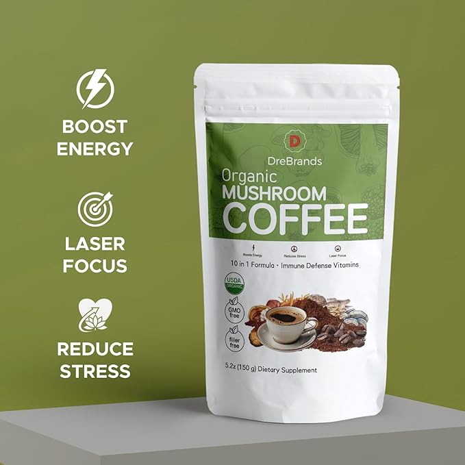 DreBrands Mushroom Coffee |10 in 1 Organic Mushrooms | USDA Organic | Instant Coffee | Wood Ear | Better Energy, Focus, Digestion, Immunity | Shiitake, Lion’s Mane, Turkey Tail | 15 Servings