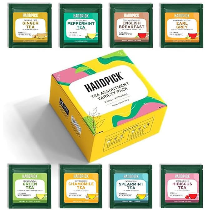 HANDPICK, Tea Bags Sampler Assortment Variety pack Gift Box 8 Flavors, 40 Tea Bags - Perfect Variety | Christmas Tea Gift Set | Holiday Gifts for Everyone