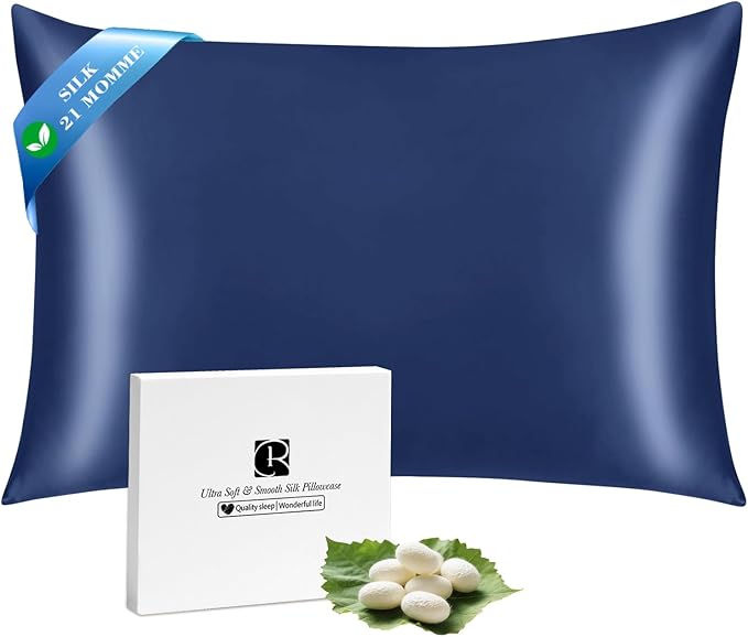 Ravmix Silk Pillow Cases with Zipper, 21momme Mulberry Silk Pillowcase for Hair Skin Health, Soft Smooth Breathable Cool Pillow Cover for Beauty Sleep with Gift Box 1PC(King 20"x36", Navy Blue)