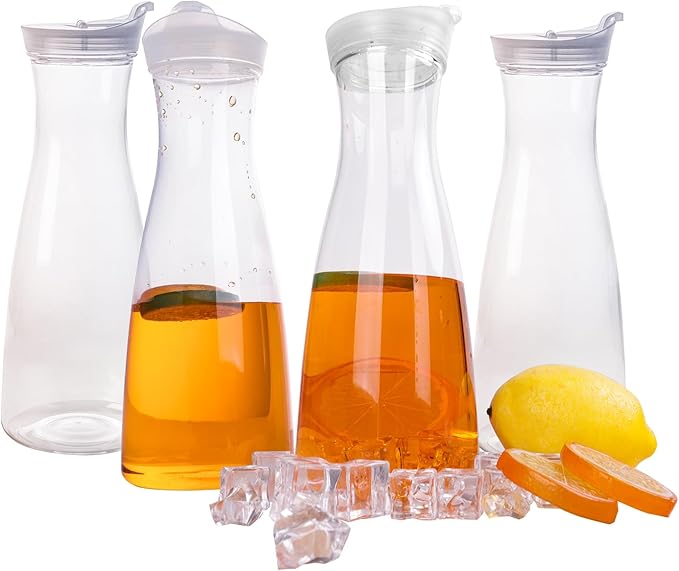 4 pack 35oz Plastic Water Carafe with Flip Top Lid, Round Base Juice Containers for Mimosa Bar - BPA-Free Leakproof Beverage Pitcher for Water, Iced Tea, Milk & Fridge Storage（4Pack/35oz ）