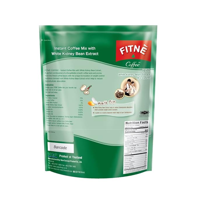 FITNE Instant 3 In 1 Coffee Packets Mix With White Kidney Bean Extract L-Lysine Vitamin B1 B2 B6 Smooth Blend No Sugar Sucralose Sweetener, 10 Sachets