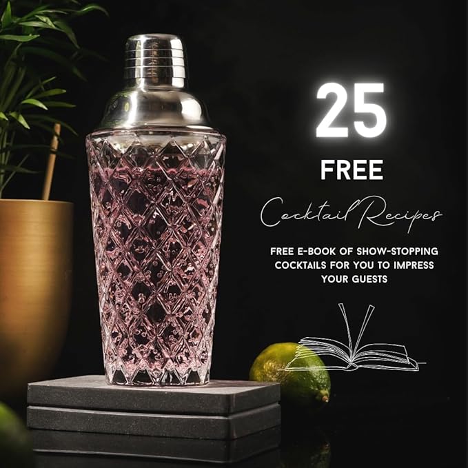 Glass Cocktail Shaker Set - 5 Piece - Silver Martini Shaker Set with Strainer, Jigger, Spoon & Muddler - 16 oz Drink Shakers Cocktail - Ideal Gift for Home Bar & Drink Trolley Décor