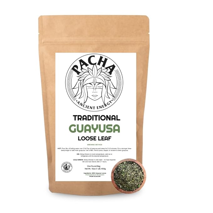 Pacha Ancient Energy Guayusa Tea | Green Guayusa | Traditional Guayusa | Loose leaf | Tea Bags | Energy Tea | l-theanine + caffeine | clean energy drink | Alternative to Yerba Mate, Coffee, and Green Tea (16oz, Guayusa)