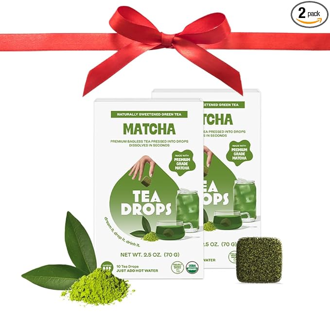 Tea Drops Lightly Sweetened Organic Tea Bulk Box | Matcha Green Tea | Iced or Hot Bagless Instant Tea Beverages Gift Set | Includes Premium Organic Japanese Matcha Powder | 10 Drops per Box