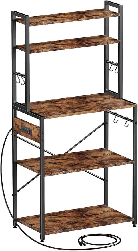 Luckyeestar 5 Tier Kitchen Bakers Rack with Power Outlet，25.2 Inch Metal Storage Shelf for Microwave, Coffee Bar, Spice Organizer, Freestanding Kitchen Cart with Hooks