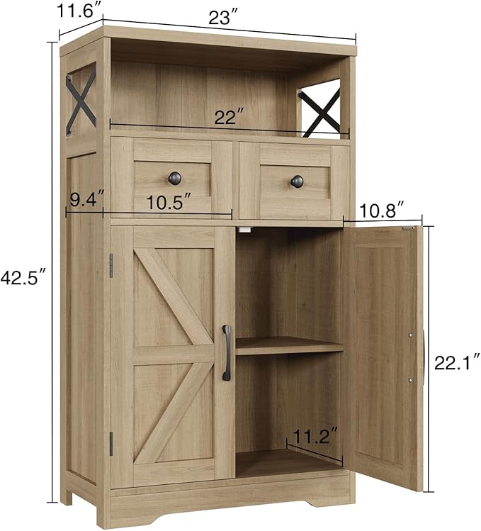 Natural Wood Storage Cabinet with Drawers and Shelves, Standing Kitchen Pantry Cabinet, Floor Storage Cabinet Hutch Cupboard, Coffee Bar Station for Dining Living Room Home Office