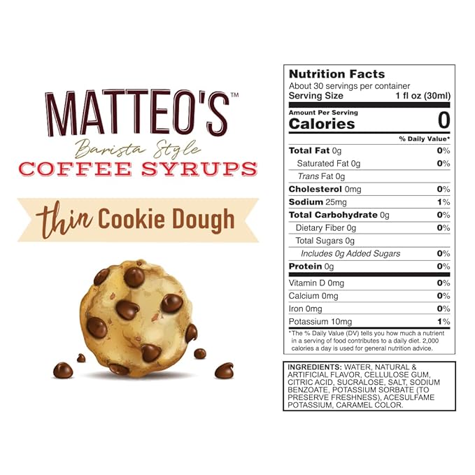 Matteo's Cookie Dough Syrup for Coffee, Lattes, Cappuccinos & Desserts – Sugar-Free Sweetener for Beverages, Keto Friendly, Zero Calories, Indulgent Flavor, Non-Alcoholic, 33.8oz (1pk)