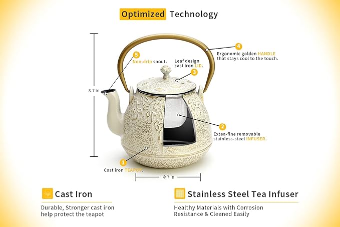 Tea Kettle, TOPTIER Japanese Cast Iron Teapot with Infuser for Loose Leaf and Tea Bags, Stovetop Safe Cast Iron Tea Kettle Coated with Enameled Interior for 40 oz (1200 ml), Creamy White