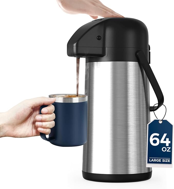 Coffee Carafe for Keeping Hot - Gezoss 64OZ / 1.9L Airpot Coffee Dispenser with Pump - Large Coffee Thermos for Hot Drinks Tea Liquid - Insulated Stainless Steel Hot Water Beverage Urn for Parties