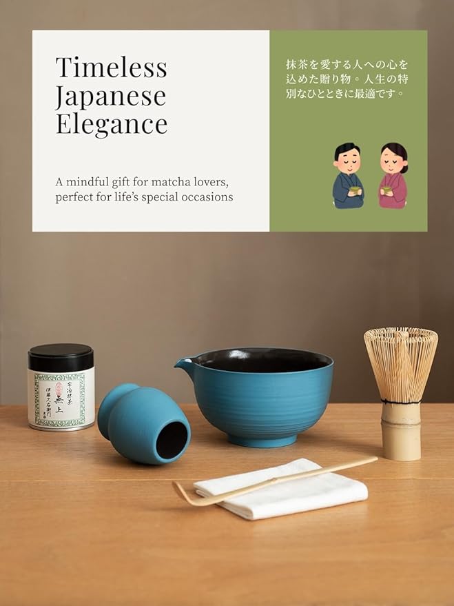 6-pcs Japanese Matcha Whisk Set, Handmade Ceramic Matcha Set with Bowl(Chawan),Bamboo Whisk(Chasen) and Holder, Scoop, Sifter & Tea Towel,Matcha Kit for Ceremony(Clear Sky Blue)