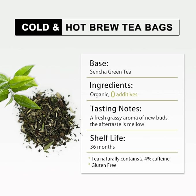 RIANTEA Organic Prevernal Sencha Green Tea Bags - Low Caffeine, Cold & Hot Brew, Premium Quality from Award-Winning Plantation, Non-GMO, Biodegradable, Unsweetened, 100% Natural