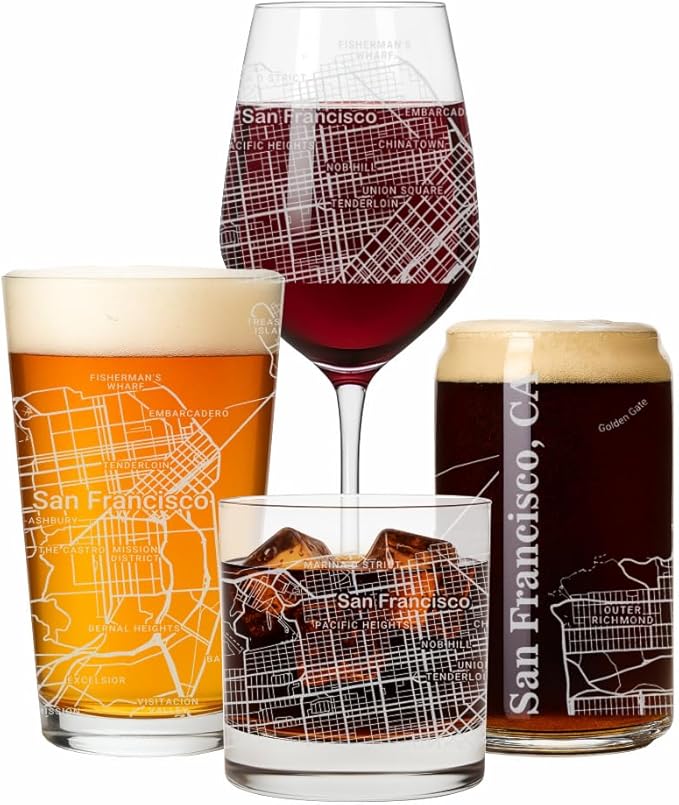 Blue Ridge Mountain Gifts - San Francisco Souvenir - California Glassware Gift, Etched City Map, Laser Engraved and Dishwasher Safe