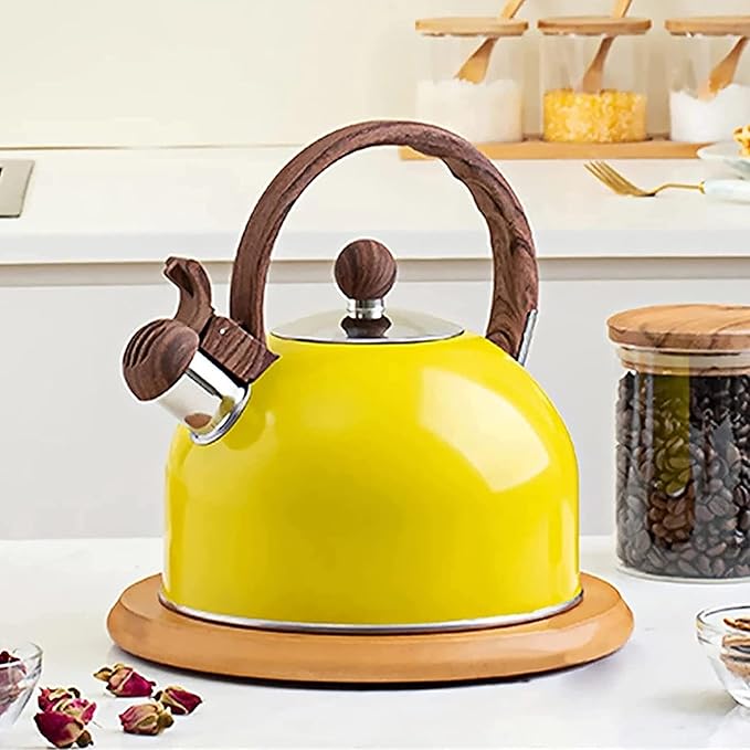 Vilihkc Whistling Stainless Steel Tea Kettle with Wood Grain Anti Heat Handle,2.6 Quart/2.5 Liter Stainless Steel Tea Kettles,Loud Whistling for Tea,Coffee,Gas Electric Applicable
