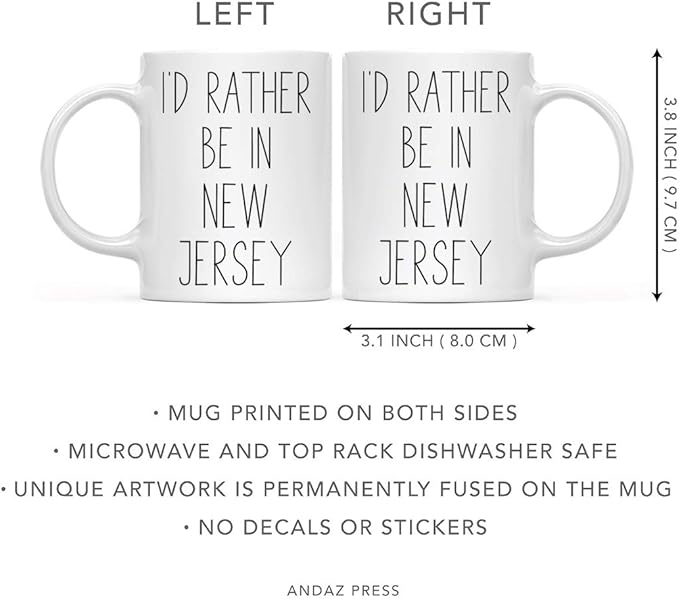 Andaz Press U.S. State 11oz. Coffee Mug Gift, I'd Rather Be in New Jersey, 1-Pack, Long Distance College Going Away Study Abroad Birthday Christmas Gifts