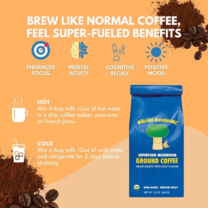 Malama Organic Mushroom Coffee, Adaptogenic Mushroom Coffee with Lion's Mane for Focus, Memory & Inmune Support – Blended with Organic Kona Roast | 12oz Bag