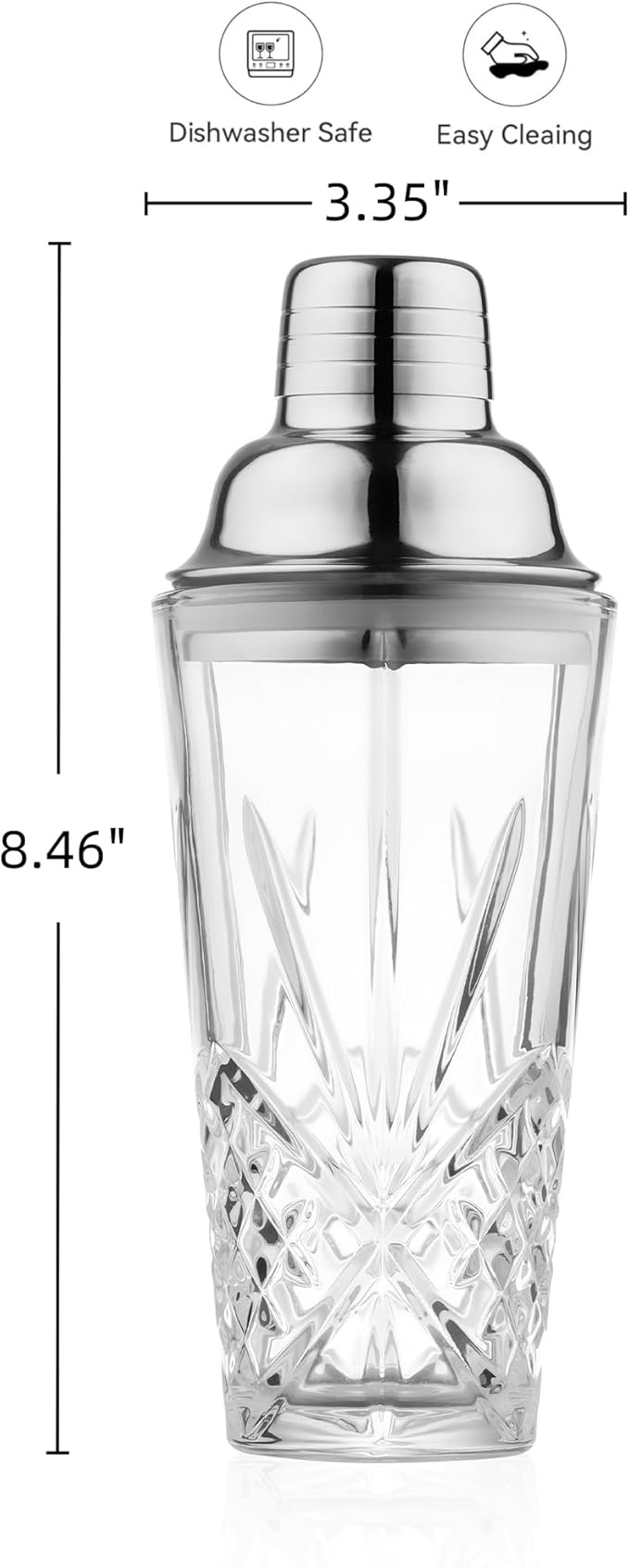 Glass Cocktail Shaker, 15oz Cut Design - Exquisite Drink Shaker for Elevated Mixology. Perfect for Crafting Artisan Cocktail, Martini,Espresso. (Thick &Heavy Shaker & S.Stainless Silvery Pourer/#304)