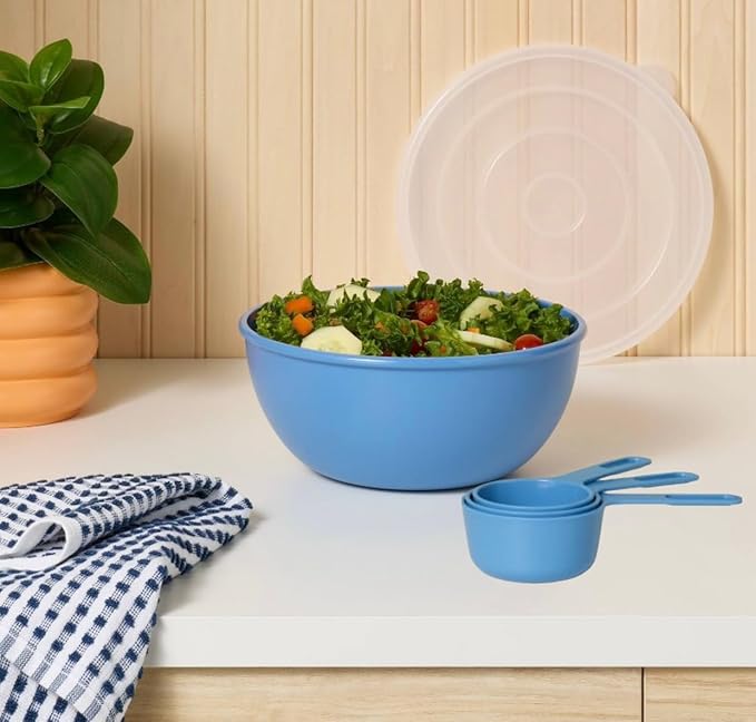 Plastic Mixing Bowl 2.8 L with Measuring Spoons Set – Non-Slip Base, Easy-Pour Spout, Nesting Design, Kitchen Tool Set for Baking, Cooking, and Food Prep