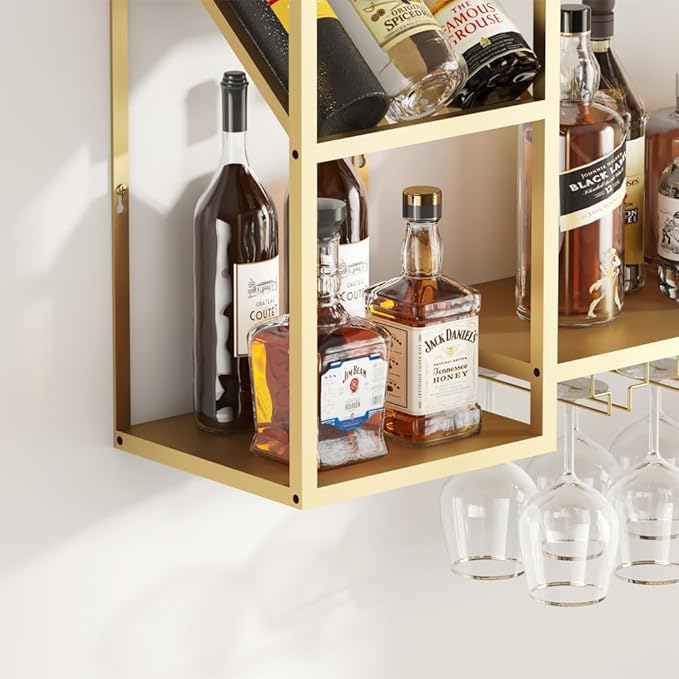 Metal Floating Bar Liquor Shelves 2 Tier, Wall Mounted Wine Rack with Glass Holder Storage, Wall Bar Shelf Wine Display Storage Holder for Kitchen Dining Room Bar (Gold)