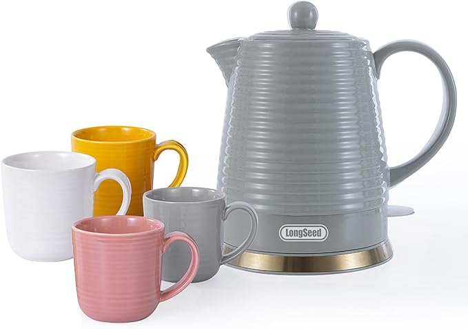 1.2 Liter Ceramic Electric Kettle Pot with Infuser & Mug, 1000W Boil Water Teapot, Fast Boiling, Boil-Dry Protection, Automatic Shut-Off, Rotatable Base