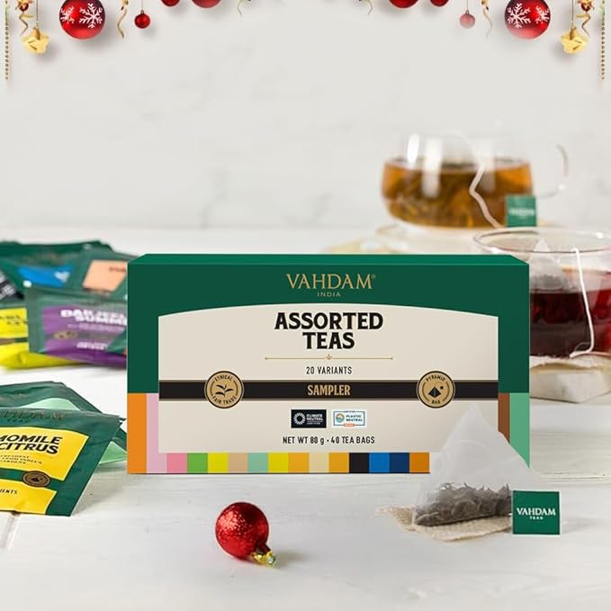 VAHDAM, Assorted Tea Sampler (20 Delicious Variety, 40 Individually Wrapped Pyramid Teabags) Long Leaf Premium Teas I Christmas Tea Gift Set