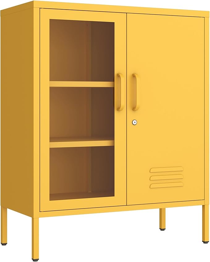 Lockable Metal Storage Locker Djustable Shelves Modern Cabinets Versatile Storage Lockers Easy Assembly Durable Metal Furniture Garage Tool Cabinet Yellow Size：33" H X 29.5" W X 13.8" D