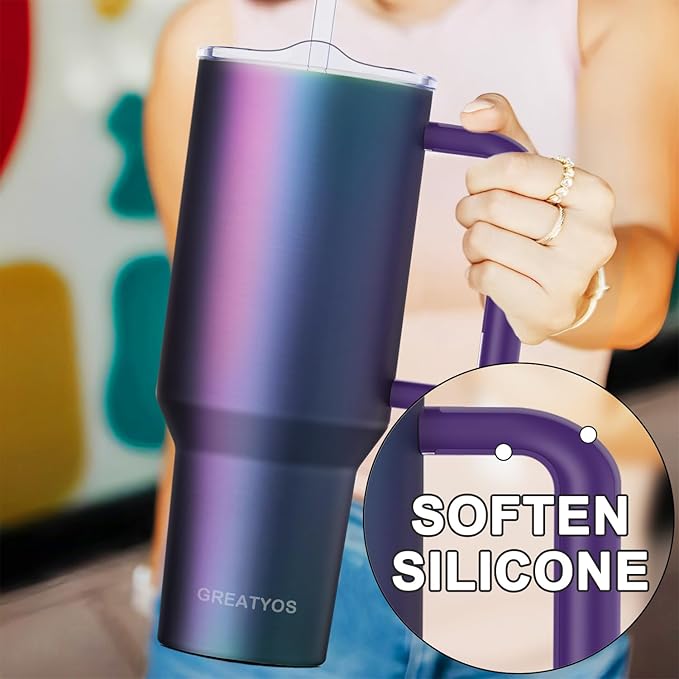 40 oz Tumbler with Handle and Straw Lid Insulated Tumblers Cups with Lids Straws Double Wall Vacuum Leak Proof Stainless Steel 40oz Tumbler Travel Mug Gifts for Men Women Him Her (Aurora)