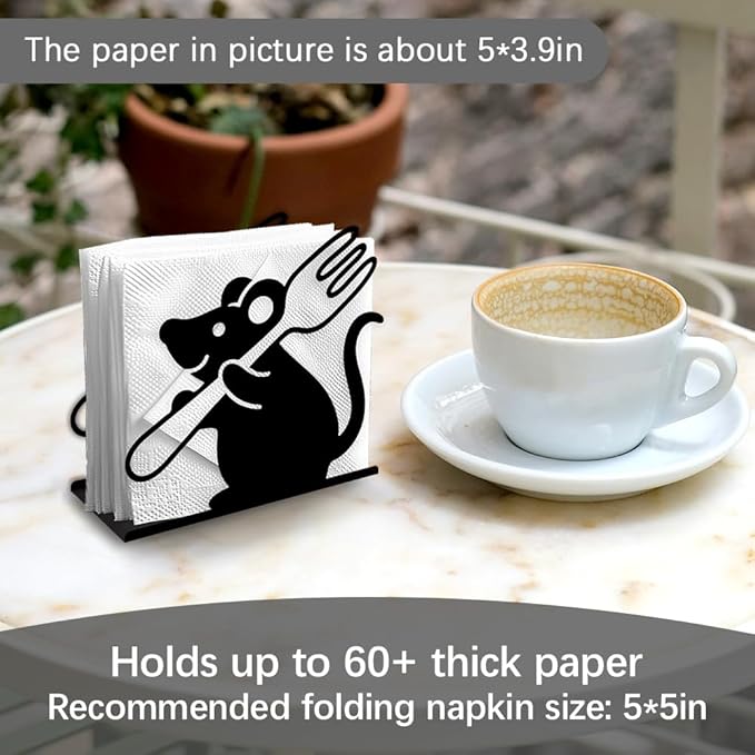 Funny Mouse Decorative Black Metal Napkin Holder for Table, 5.3" x 4.9" x 1.9" Mouse Fork Animal Standing Napkin Holder for Home Kitchen Restaurant Picnic Party Coffee Bar Dining Room