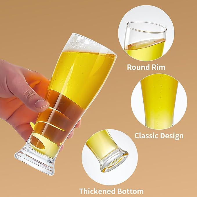 Beer Glasses Set of 6 14oz Pint Glasses Tall Beer Cups Drinking Glasses for Cold Beverages Classic Beer Drinking Glasses Set for Party