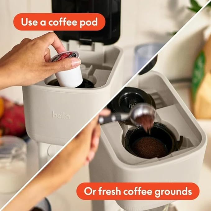 Single-Serve Bella Coffee Maker – Compact 6oz–14oz Brewer for Ground Coffee or Pods, One-Touch Operation, Adjustable Drip Tray, 35oz Water Tank, Travel Mug Friendly, Dishwasher-Safe Parts (Oatmilk)