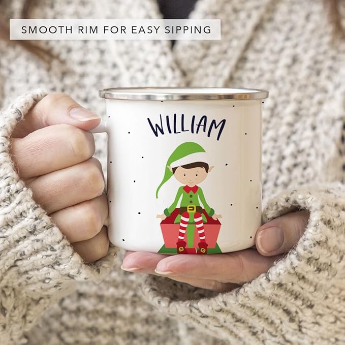 Andaz Press Personalized Name 11oz Kids Christmas Hot Chocolate Stainless Steel Campfire Coffee Mug, Green Boy Xmas Elf Seated, 1-Pack, Custom Birthday Xmas Cup