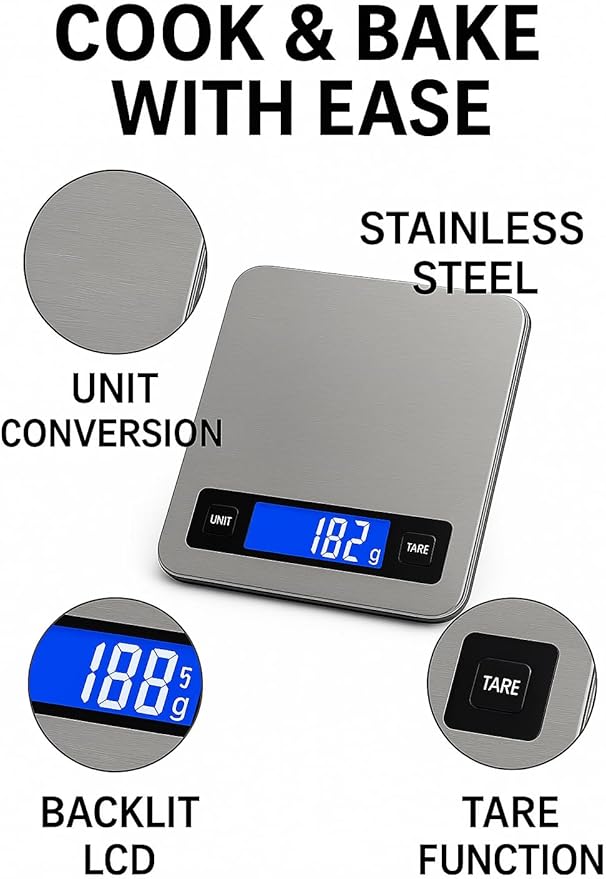 Digital Kitchen Scale 10kg/22lb – 1g High Precision Food Scale, Stainless Steel Platform, LCD Display, Tare Function, Battery Powered for Cooking, Baking & Meal Prep