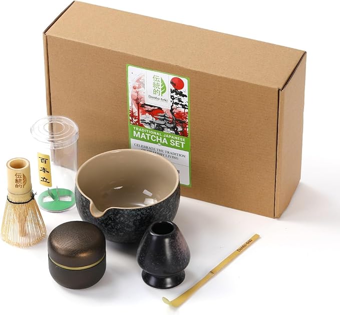 5-Piece Traditional Matcha Set beautifully crafted ceramic Japanese matcha bowl, chasen holder, natural bamboo whisk, spoon, and airtight matcha tin container – Perfect for ceremonial-grade matcha