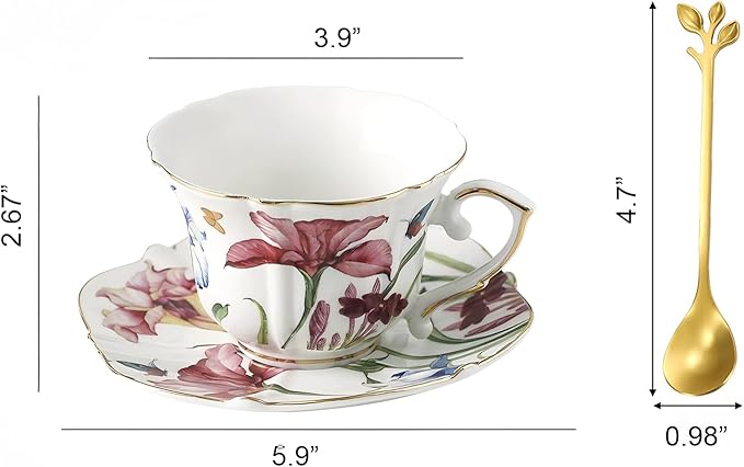 Floral Ceramic Cup Bone China Tea Cup and Saucer Set 6.8 Oz Gold Trim Vintage Style Porcelain Coffee Cup for Home Kitchen Office, Style 5