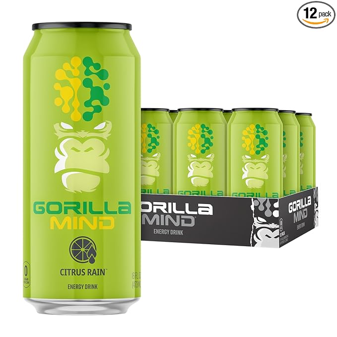Gorilla Mind Energy Drink | Unmatched Energy · Amplified Focus | N-Acetyl-L-Tyrosine, Alpha-GPC, 200mg Caffeine, Uridine, Saffron | 0 Sugar Or Artificial Colors | 16oz, 12-Pack (Citrus Rain)