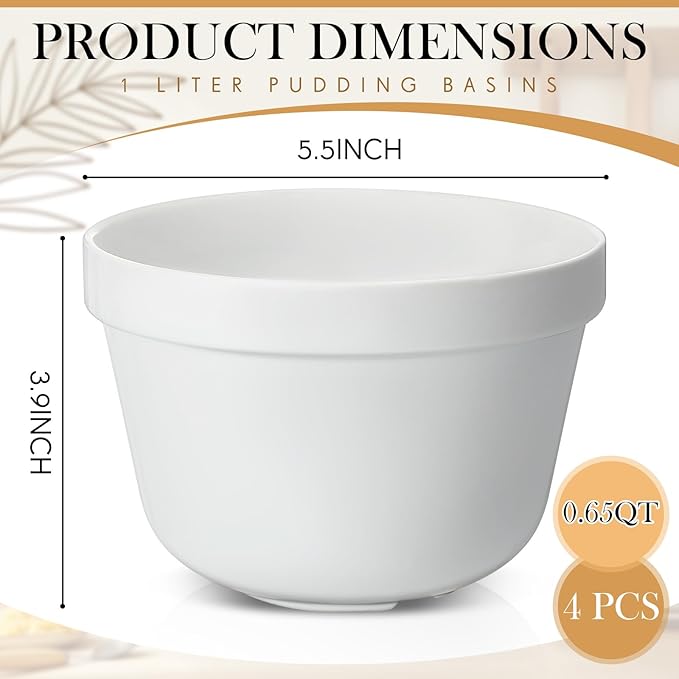 4 Pieces Ceramic 0.65 Qt Pudding Basins White 8 Inch Christmas Pudding Mold Bowls for Steaming Ovenproof Durable and Sturdy Porcelain Steamed Plum Puddings Bowl Basin, Easy to Clean