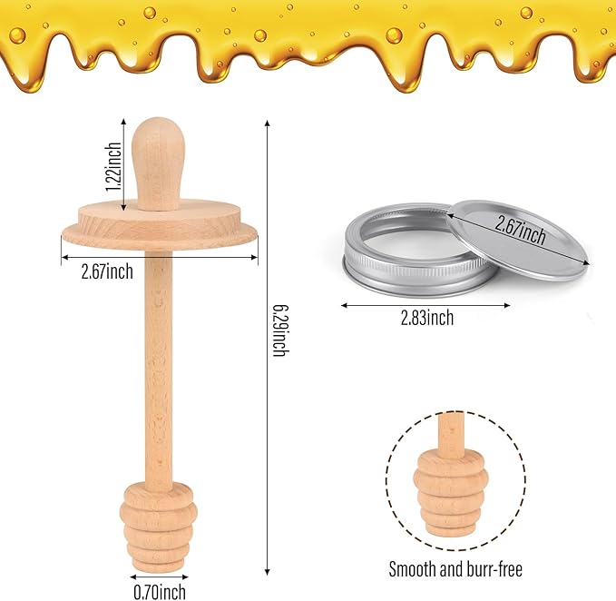 Sun3drucker Wooden Mason Jar Honey Dipper with Lids Set - Honey Dipper Wooden Stick for Regular Mouth Mason Jars, Honey Spoon Honeycomb Lids for Regular Mouth 16 oz Mason, Ball Jars