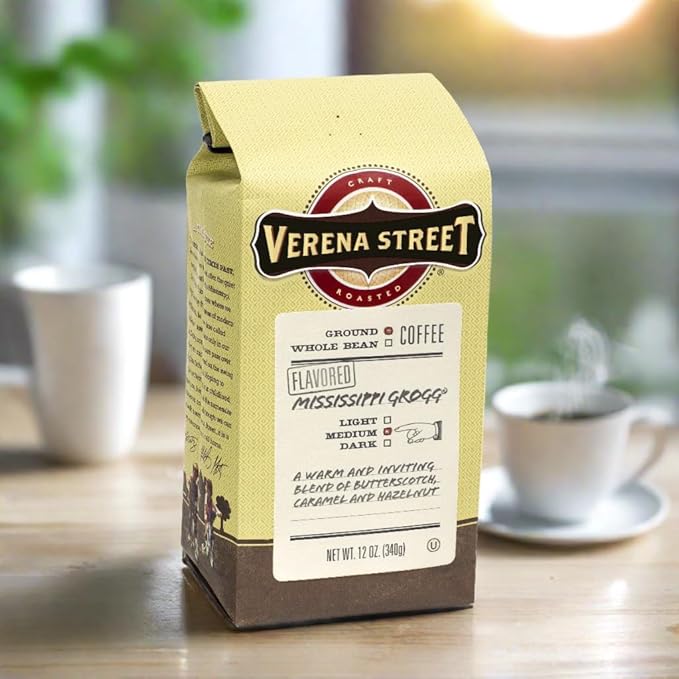 Verena Street 12 Ounce Flavored Ground Coffee, Mississippi Grogg, Medium Roast, Rainforest Alliance Certified Arabica Coffee