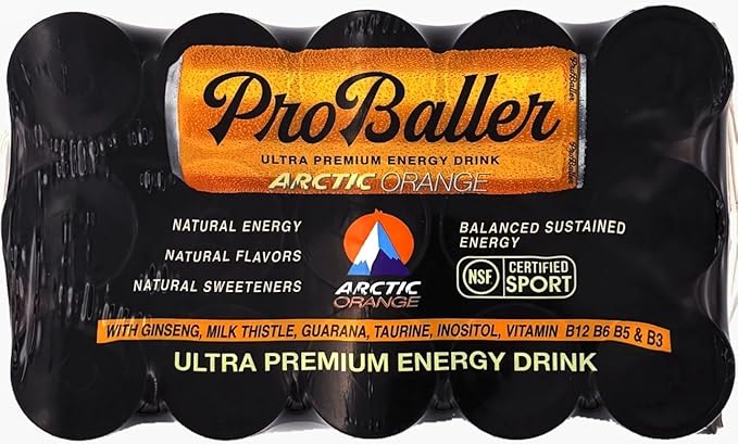 ProBaller Ultra Premium Energy Drink - Natural Clean NSF Certified Sport Drink with Amino Acids, Taurine, Biotin, Organic Agave, Vitamin B 12 Methylcobalamin, & Electrolytes - 15 Pack - Artic Orange