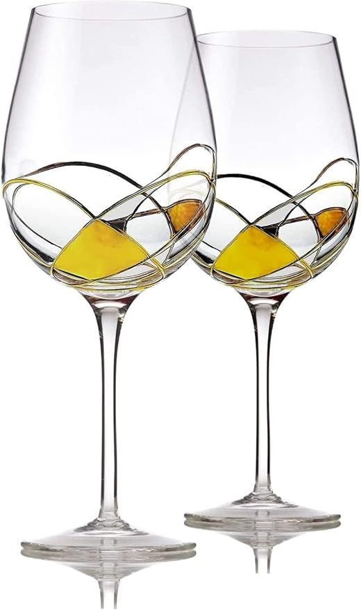 Bezrat Wine Glasses Hand Painted - Set of 2 - Women Wine Gift - Wine Lover Glass - Beautiful Glassware Gifts Ideas for Women Inspired by 'Duomo di Milano' Mothers Day - 14 oz (Gold)