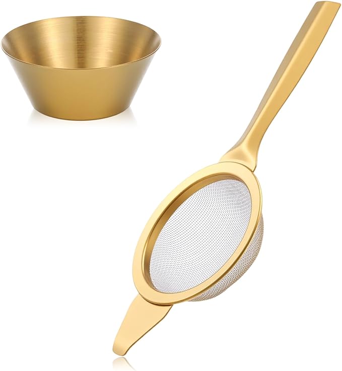 TIESOME 2.2"Gold Matcha Sifter Strainer, 30 Fine Mesh Mini Strainer for Tea with Handle and Base Stainless Steel Small Tea Strainer for Loose Coffee Cocktail with Base (Gold)