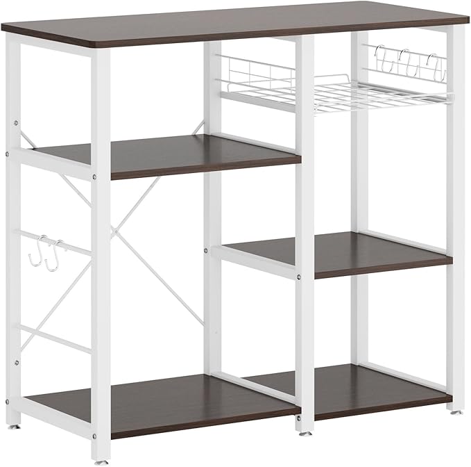 soges 3-Tier Kitchen Baker's Rack with Storage, Microwave Stand, Kitchen Storage Rack, Shelf Organizer, Coffee Bar Station, Workstation Cart, Walnut Black