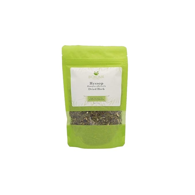 Biokoma Pure and Organic Hyssop Dried Herb 50g (1.76oz) in Resealable Moisture Proof Pouch, USDA Certified Organic - Herbal Tea, No Additives, No Preservatives, No GMO, Kosher