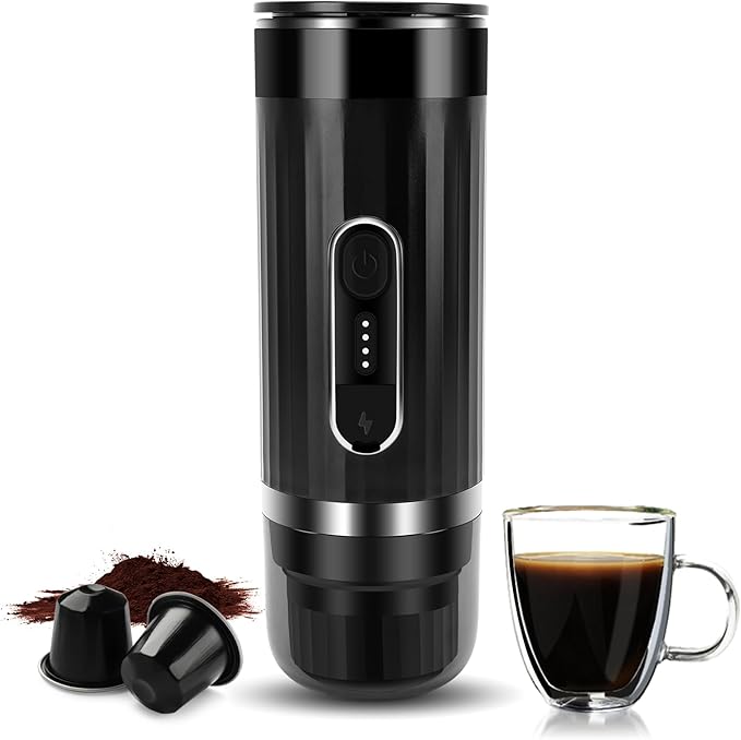 Portable Espresso Machine, Travel Espresso Maker, Car Coffee Maker Self-Heating with USB-C, Compatible with Ground Coffee & Capsules (NS＆DG) for RV, Hiking, Camping, Office