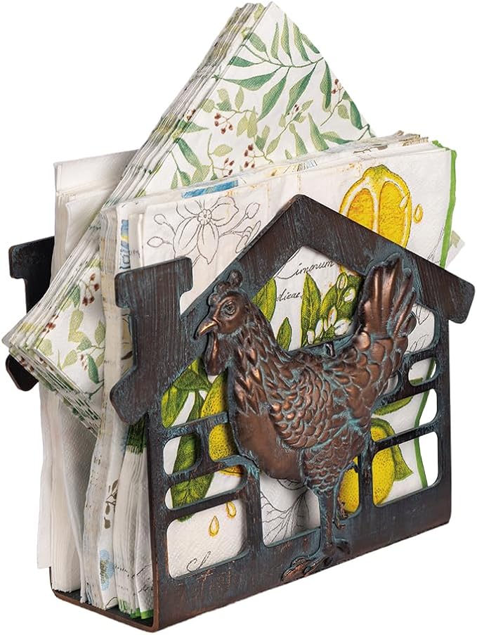 Metal Napkin Holder for Table, Metal Rooster Statue Decor Paper Napkin Holder, Antique Copper Napkin Dispenser with Non-Slip, Napkin Stand Tabletop Gift for Kitchen Dining Room Coffee Shop Bar
