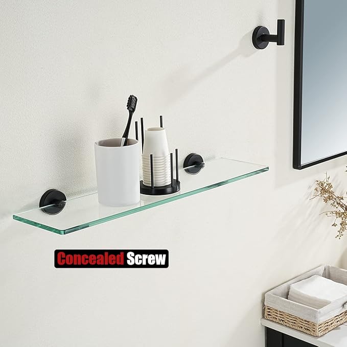 JQK Bathroom Glass Shelf Black, Tempered Glass Shower Storage 20 by 5 inches, 304 Stainless Steel Matte Black Wall Mount, 2 Pack, TGS101L20-PB-P2