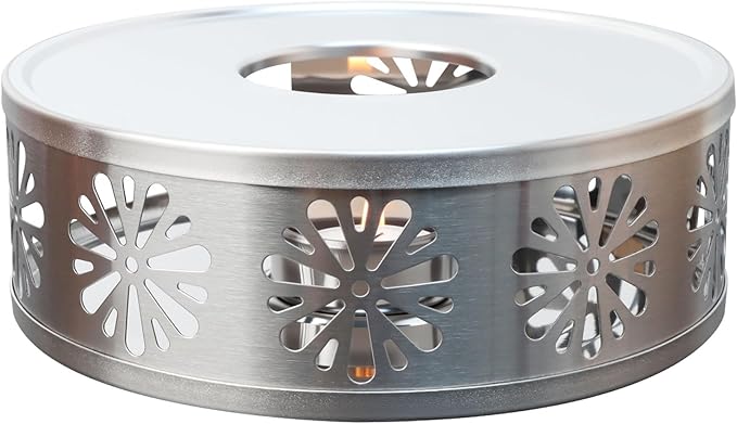 Tea Warmer Chrysanthemum Silhouette, JUKFITA Silver Brushed Stainless Steel Teapot Warmer, Includes 1 Tealight Holder