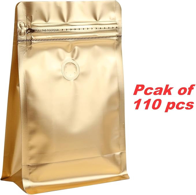 110 Pack High Barrier Stand-Up Coffee Bean Bags with Vented Valve, Matte Metallic, Heat-Sealable and Resealable Solid Color Pouches for Food Storage (5.3 * 10.4 inch,1 lb,16 oz,Golden)