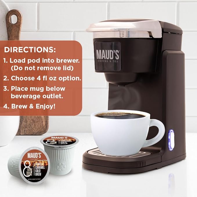 Maud's Vanilla Caramel Flavored Cold Brew Coffee Pods, 18 ct, Dark Roast Flavored Coffee in Recyclable Single Serve Pods – 100% Arabica Beans, Compatible with Keurig K Cups Maker
